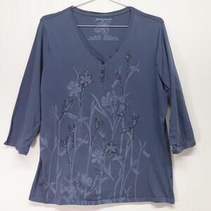 Greensource Shirt Womens Large Blue Floral Beaded Henley 3/4 Sleeve Tee